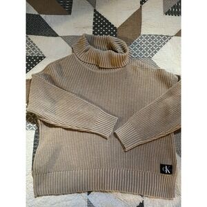 Calvin Klein Women's Turtle Neck Slit Shoulder Tan Sweater Size XL